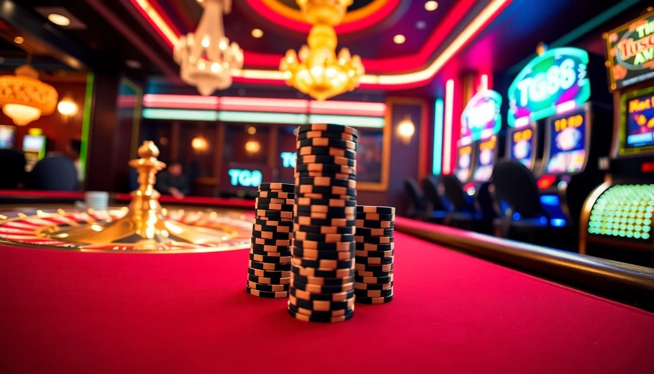 High-stakes poker table at TG88 casino illuminated by vibrant neon lights.
