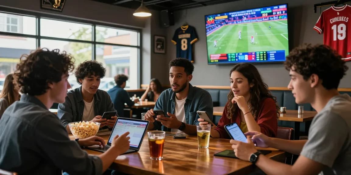 Fun88Thailand sports betting scene in a lively bar with friends placing bets and watching games.