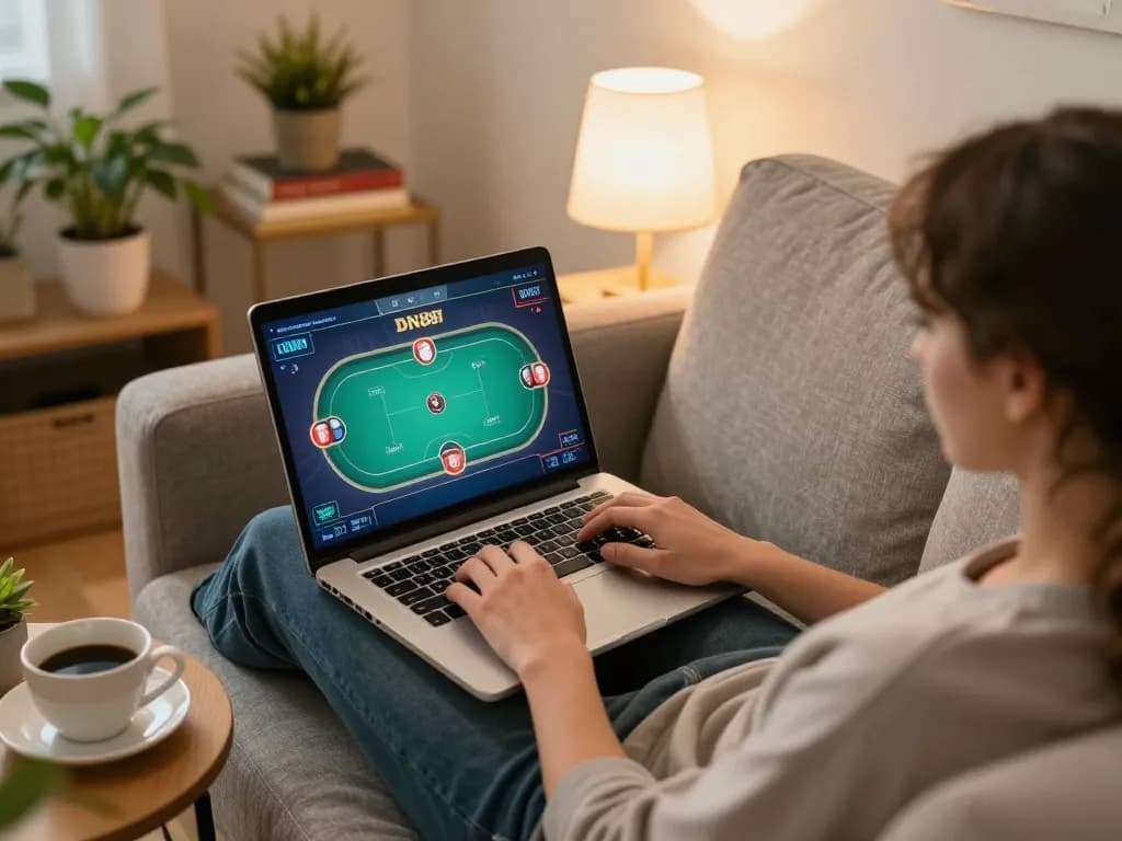 Engaging in poker gameplay on DN88's online platform in a cozy home setting.