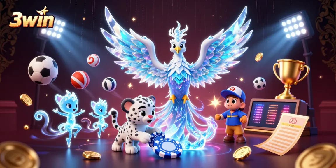 Engage with 3win's thrilling casino scene featuring an ice phoenix and a snow leopard cub.