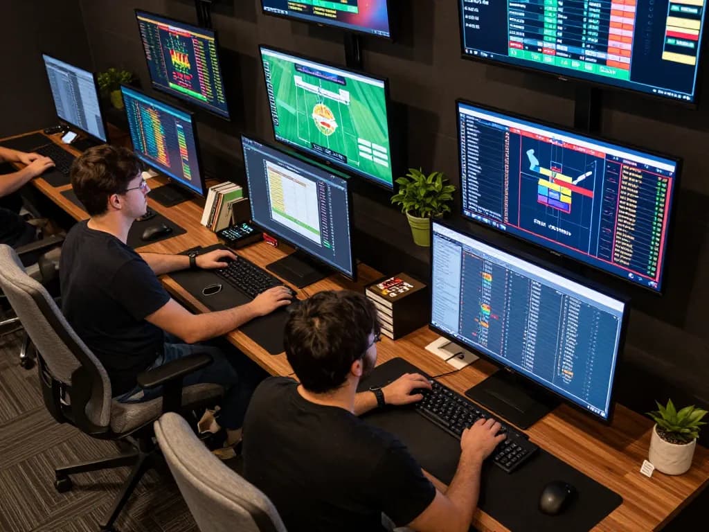 A live betting setup showcasing the dynamic action at bk8, featuring multiple screens and real-time analytics for strategic gambling.