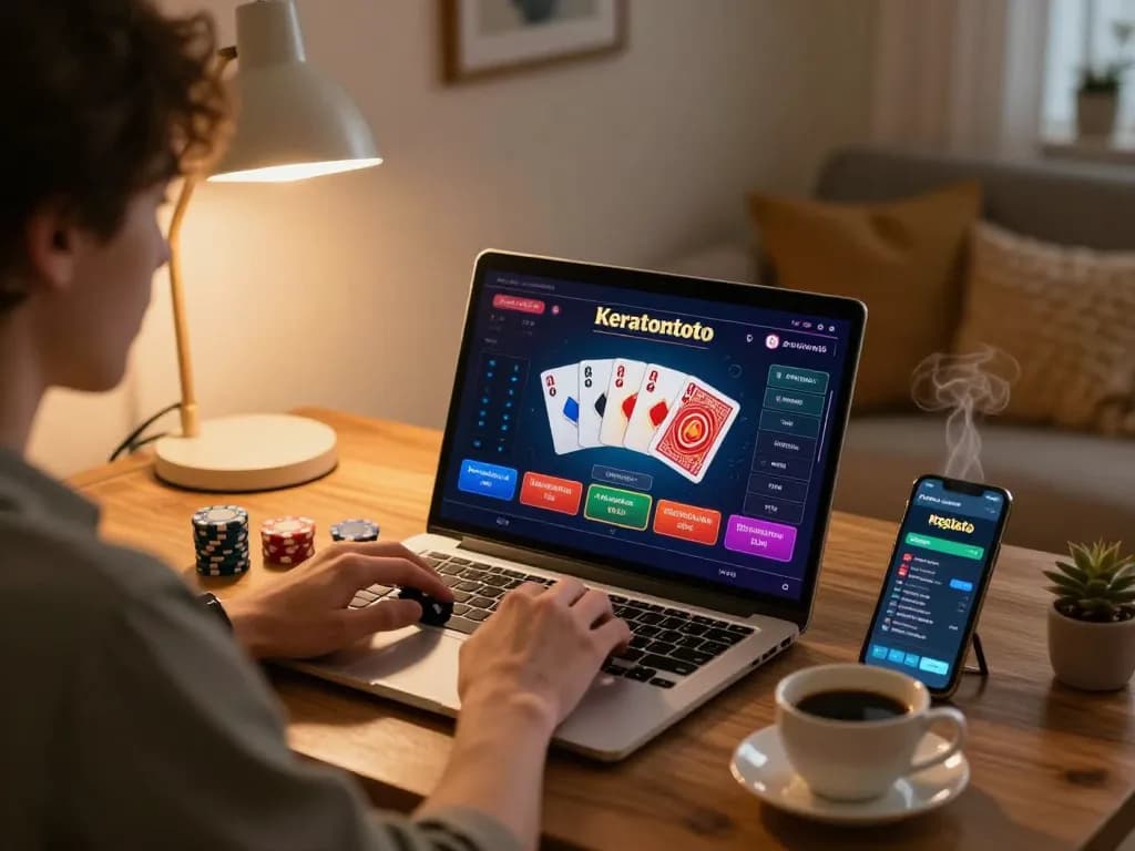 Keratontoto game in focus on a laptop at a cozy home setup with poker chips and smartphone.