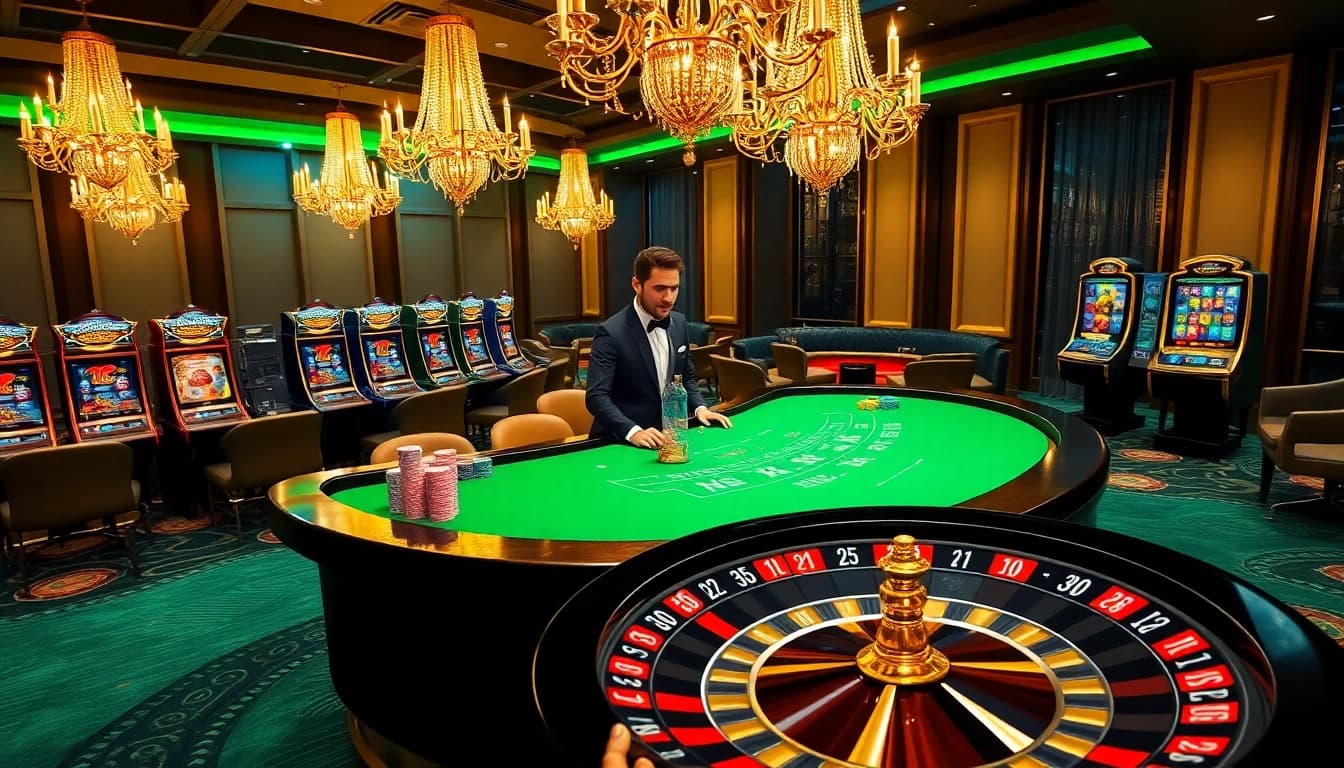 Experience thrilling gaming action at nk88 with a vibrant casino scene featuring a blackjack table.