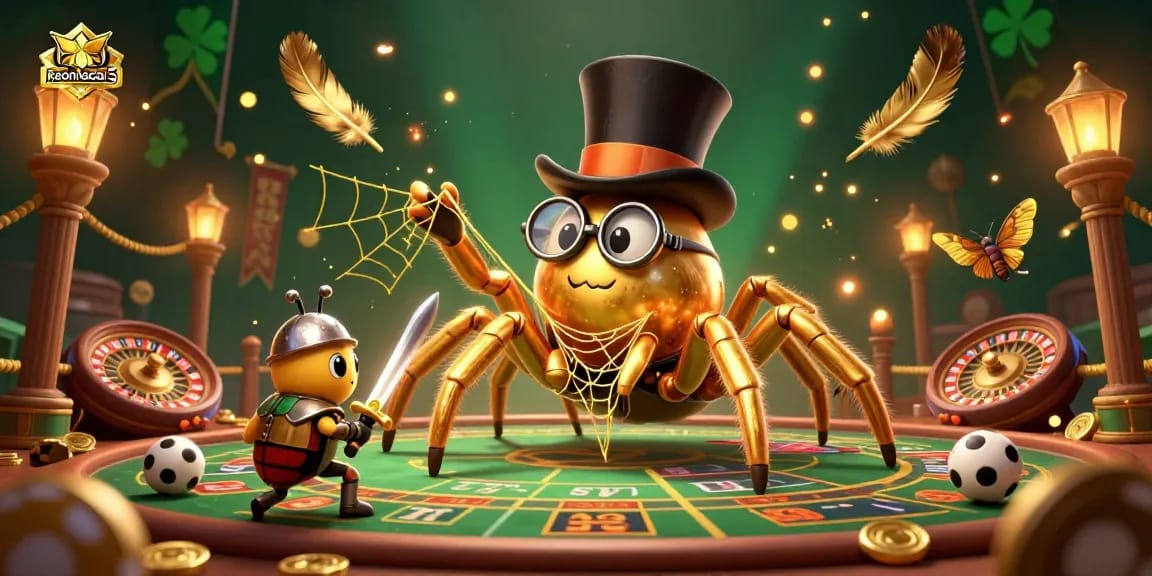 Experience the thrilling ambiance of keonhacai5, where a golden tarantula weaves luck in a bustling casino scene.