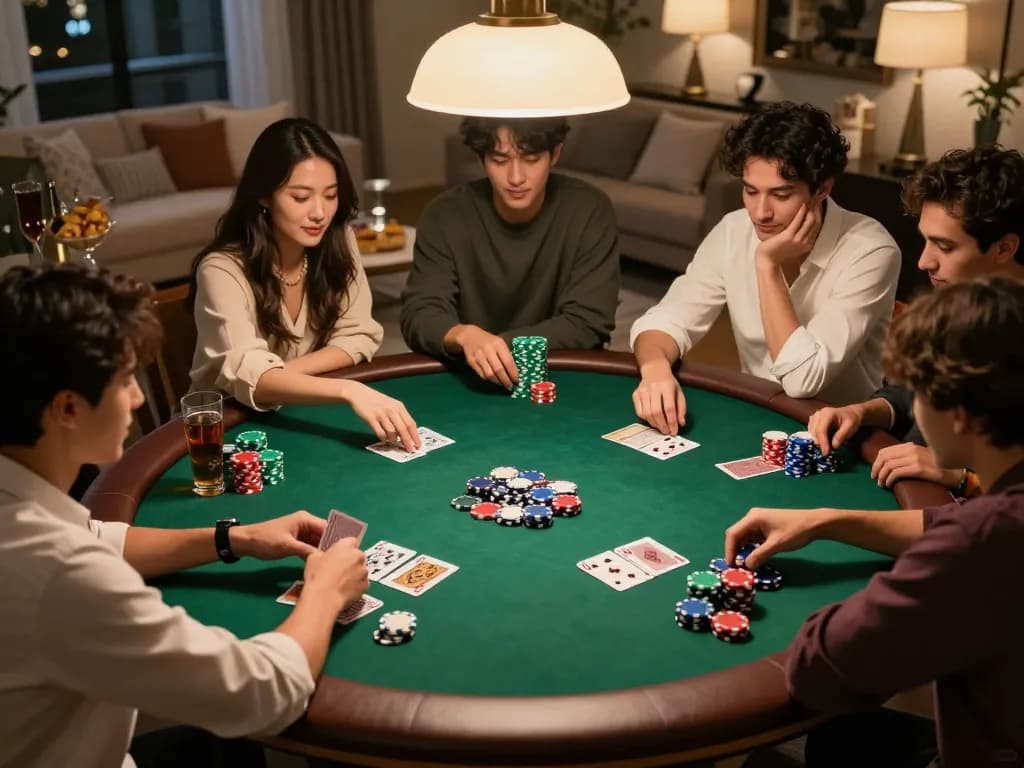 Friends enjoying a lively poker game night with kp88 strategy discussions and colorful chips on the table