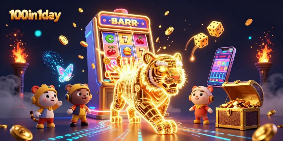 Experience the excitement of 100in1day with a vibrant casino scene featuring a dynamic golden tiger and slot machine.