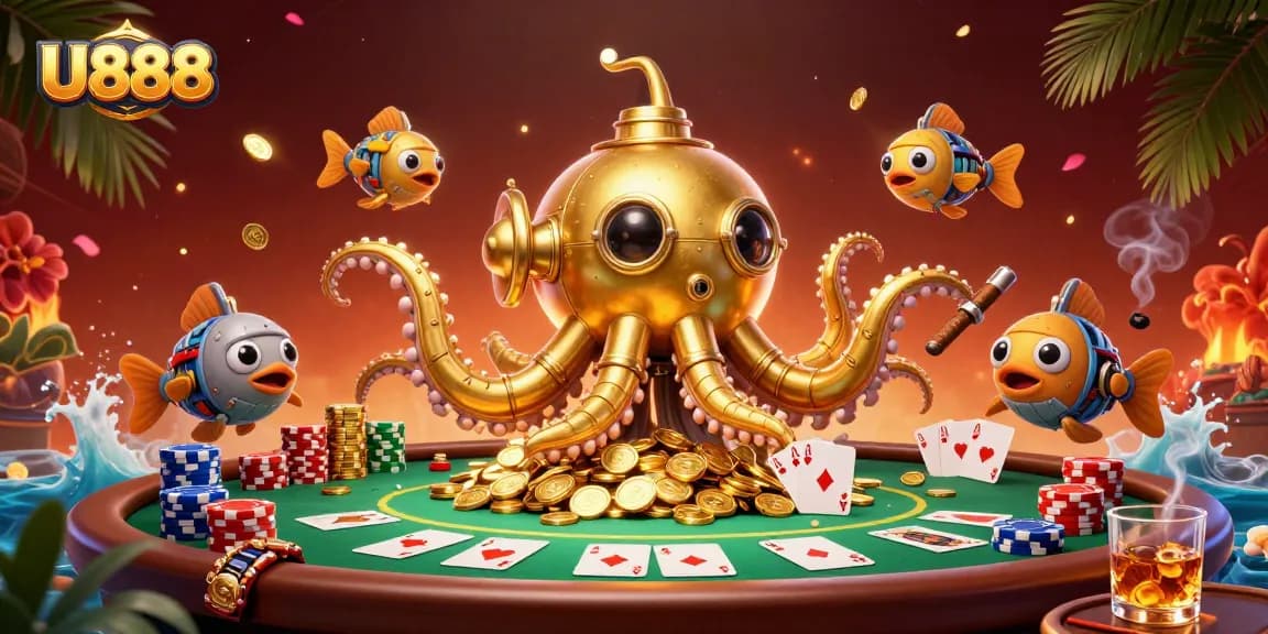Reveal winning strategies with U888's vibrant casino atmosphere featuring a golden kraken submarine.