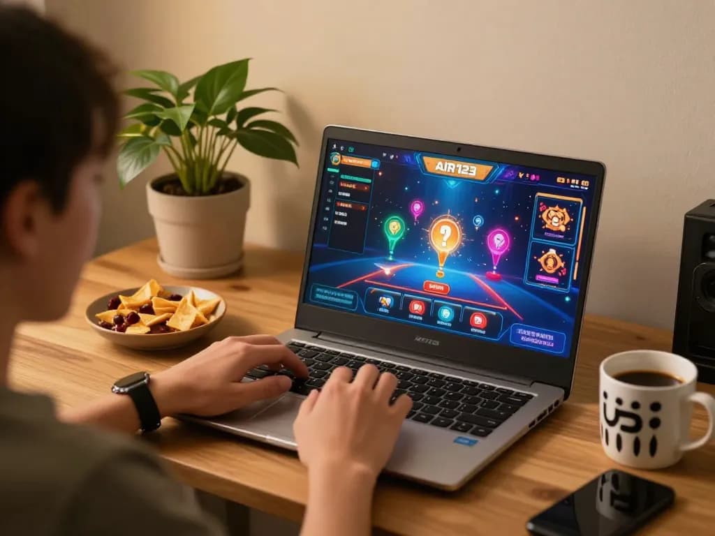 Pemain mengalami permainan online AIR123 di laptop dengan antarmuka kasino yang berwarna-warni dan suasana yang nyaman.