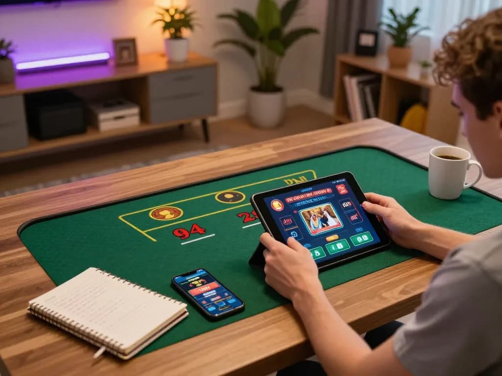 Engaged player using tablet for XX 88 online casino gaming at home, showcasing a cozy atmosphere with betting strategies.