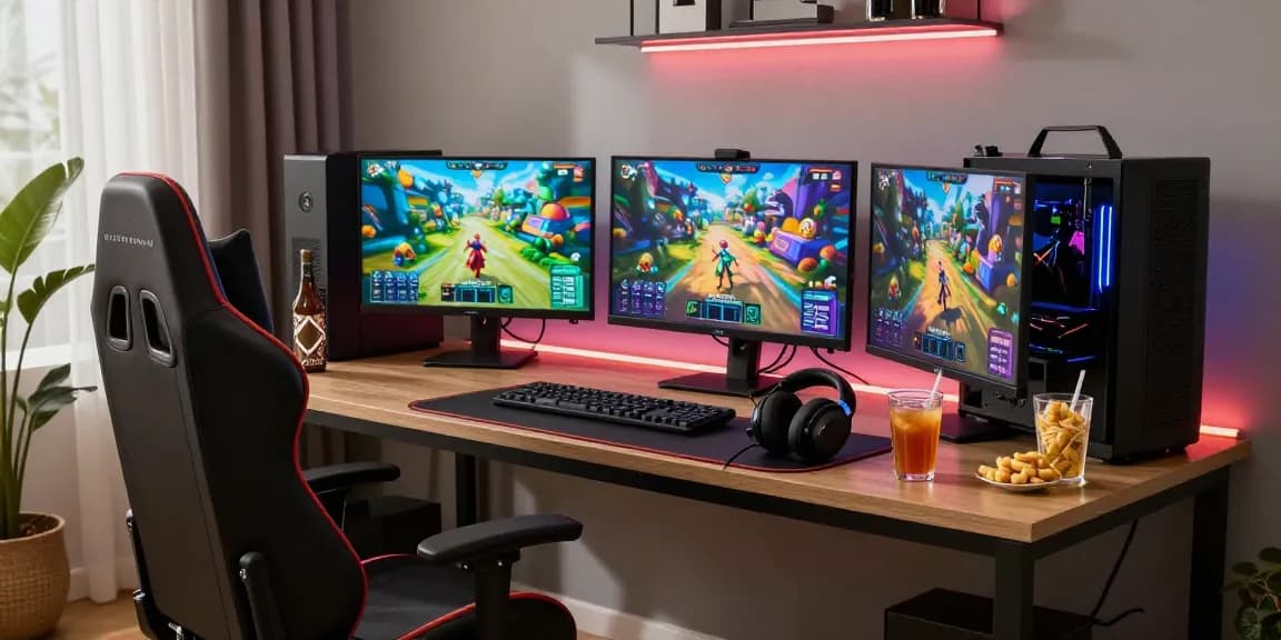 Lingkungan gaming mewah luxury111 dengan kursi gaming modern dan komputer canggih.