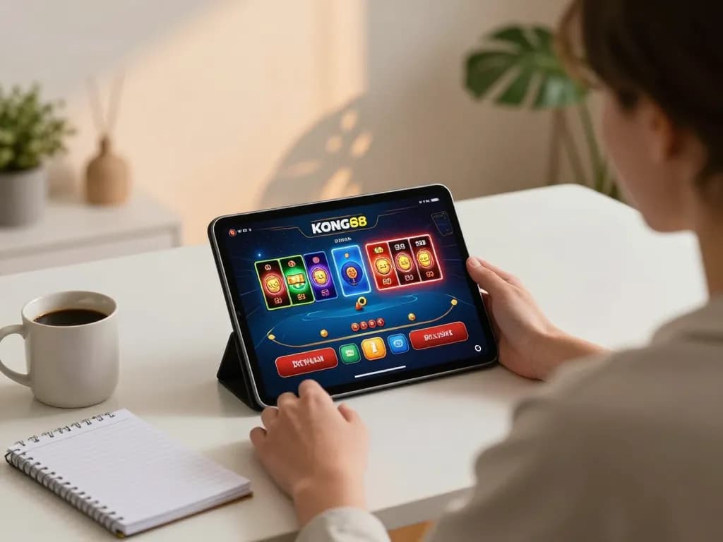 KONG88 gaming on tablet in a cozy home office with strategic planning elements.