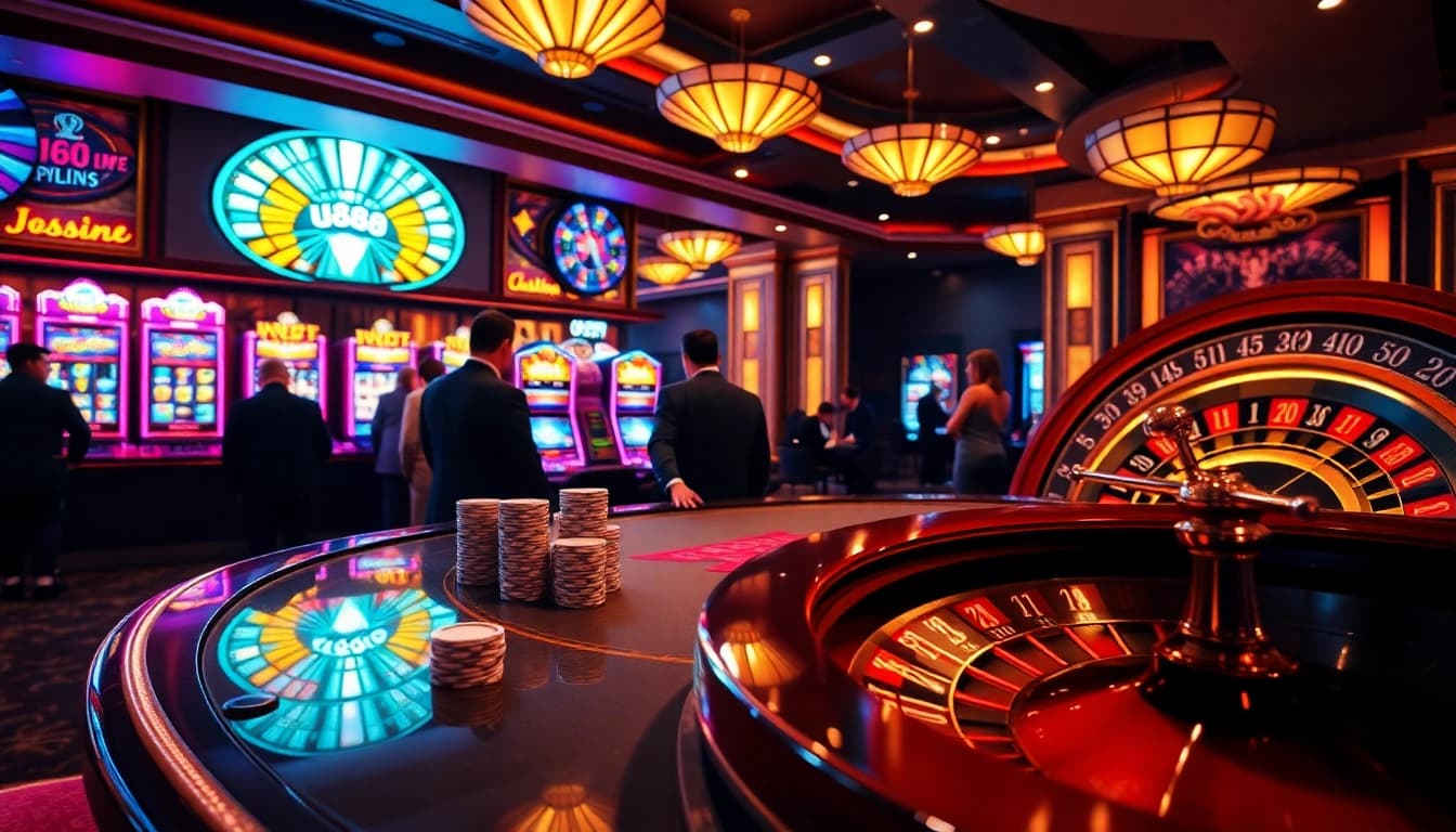 Play exciting poker at U888's luxurious casino with vibrant slot machines and elegant decor.