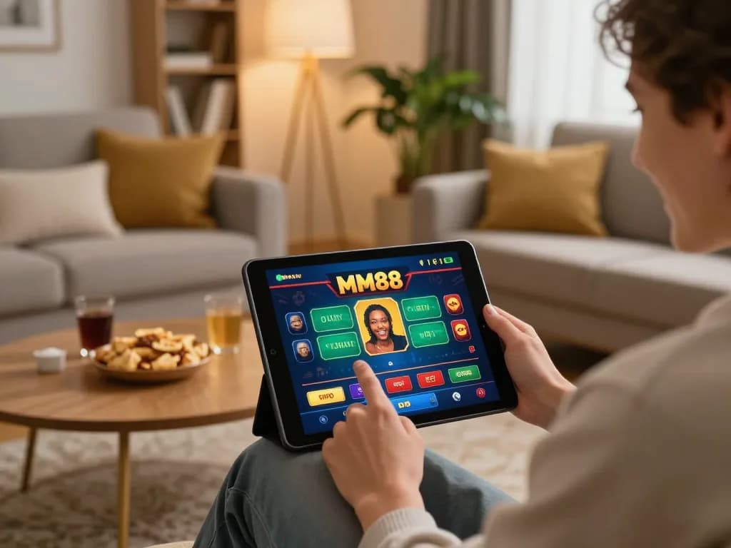 Person enjoying MM88 gaming experience on tablet in a cozy home setting.