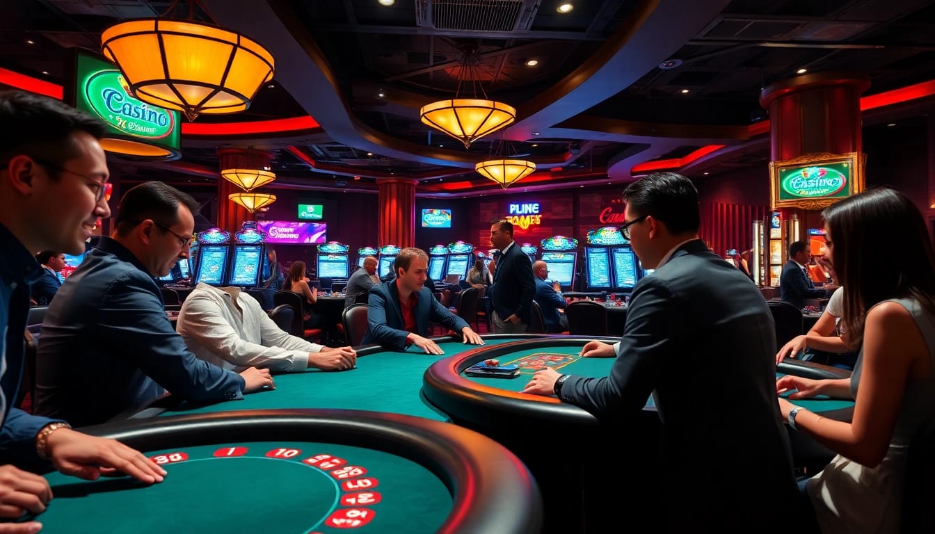 Erleben Sie das casinospielen in einer lebendigen Casino-Umgebung mit Spielern an verschiedenen Tischen.