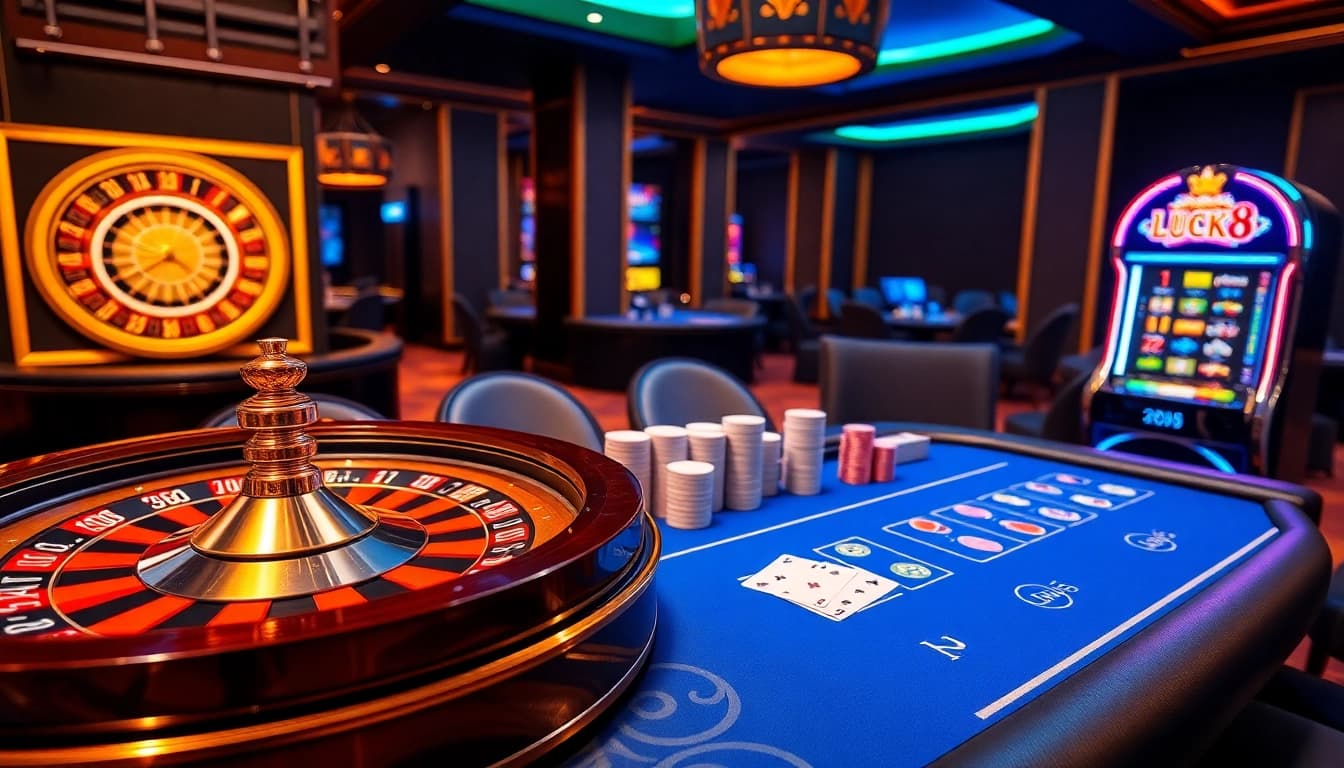 LUCK8 gaming table and roulette wheel in a vibrant luxury casino setting.