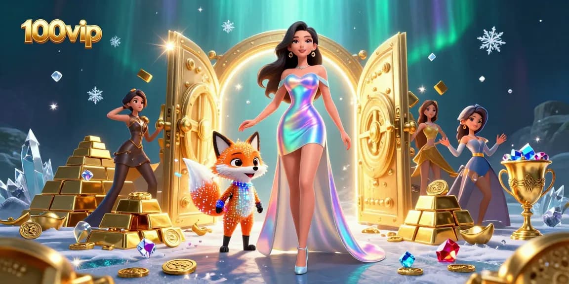 Win big at 100vip with immersive 3D casino experience featuring vibrant characters and gold treasures.