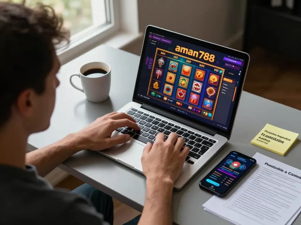 Engaging player exploring aman788 slot game on a laptop, highlighting immersive online gaming experience.