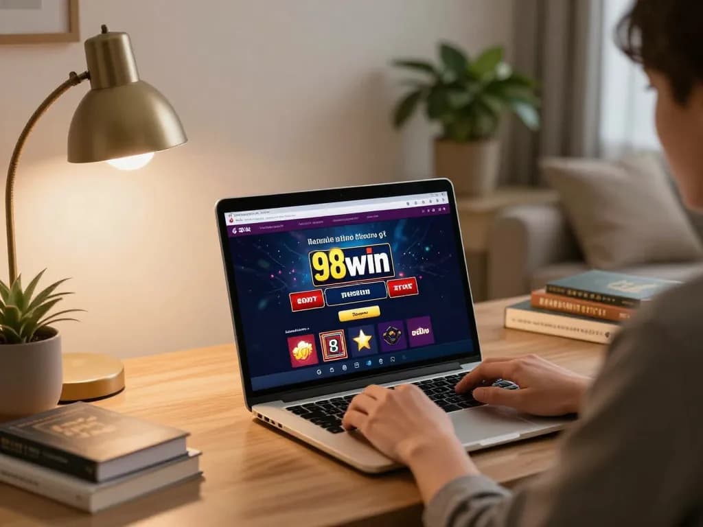 Engaging with 98win online casino from a cozy home office, showcasing responsible gaming.