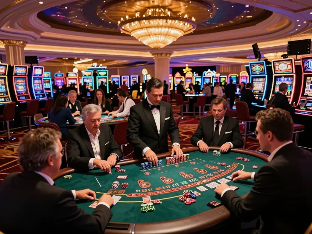 FC88 players enjoying a thrilling gambling experience at a vibrant Las Vegas casino floor with roulette and blackjack tables.