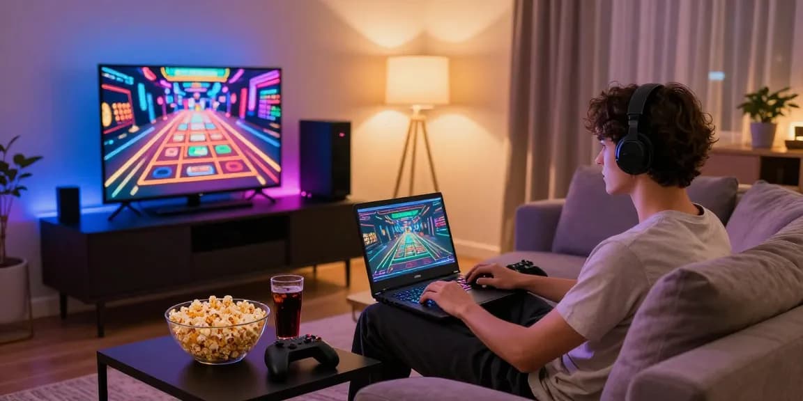 Engaged player at home using gaming laptop, with vibrant casino graphics on screen, enjoying a cozy atmosphere