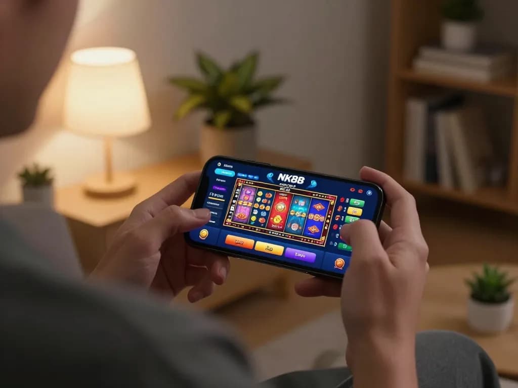 Engaging with NK88 mobile app for online casino games in a cozy home setting