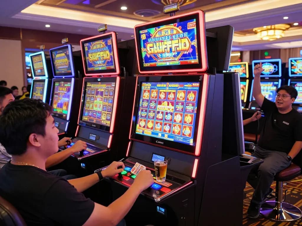 Suasana permainan yang mendebarkan dengan pemain menikmati mesin situs slot di kasino yang meriah.