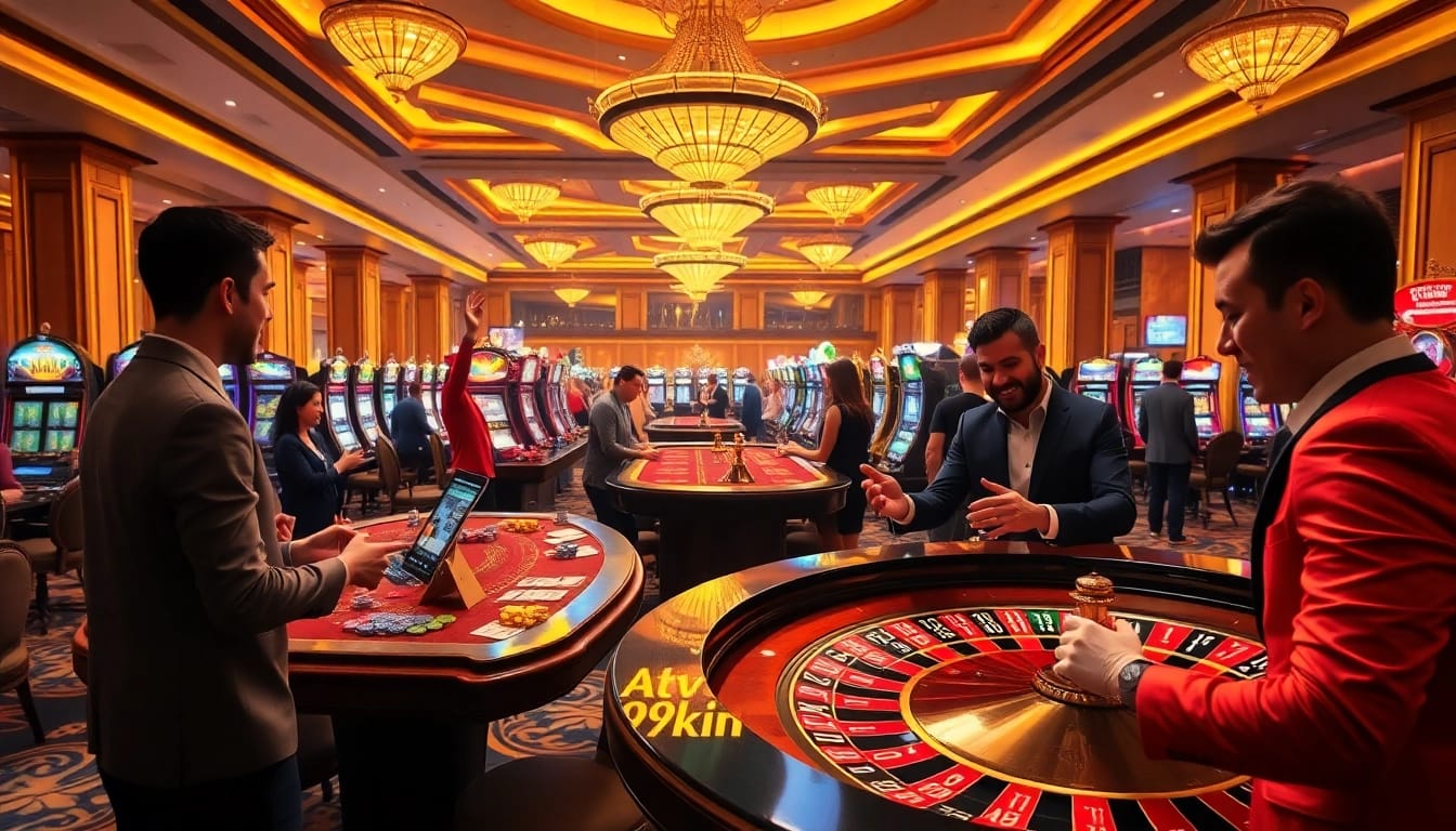 Players enjoying the thrilling atmosphere at 79kin casino tables featuring vibrant poker chips and sleek slot machines.