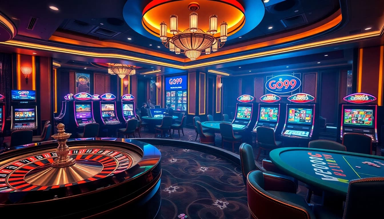 Go99 players enjoying an exciting casino atmosphere with vibrant slot machines and roulette.