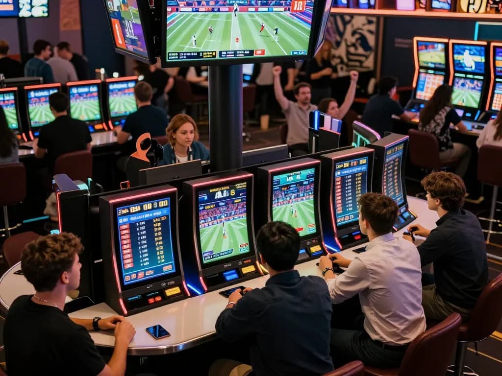 Excited bettors at au88 engaging in real-time sports betting with multiple live screens displaying action.