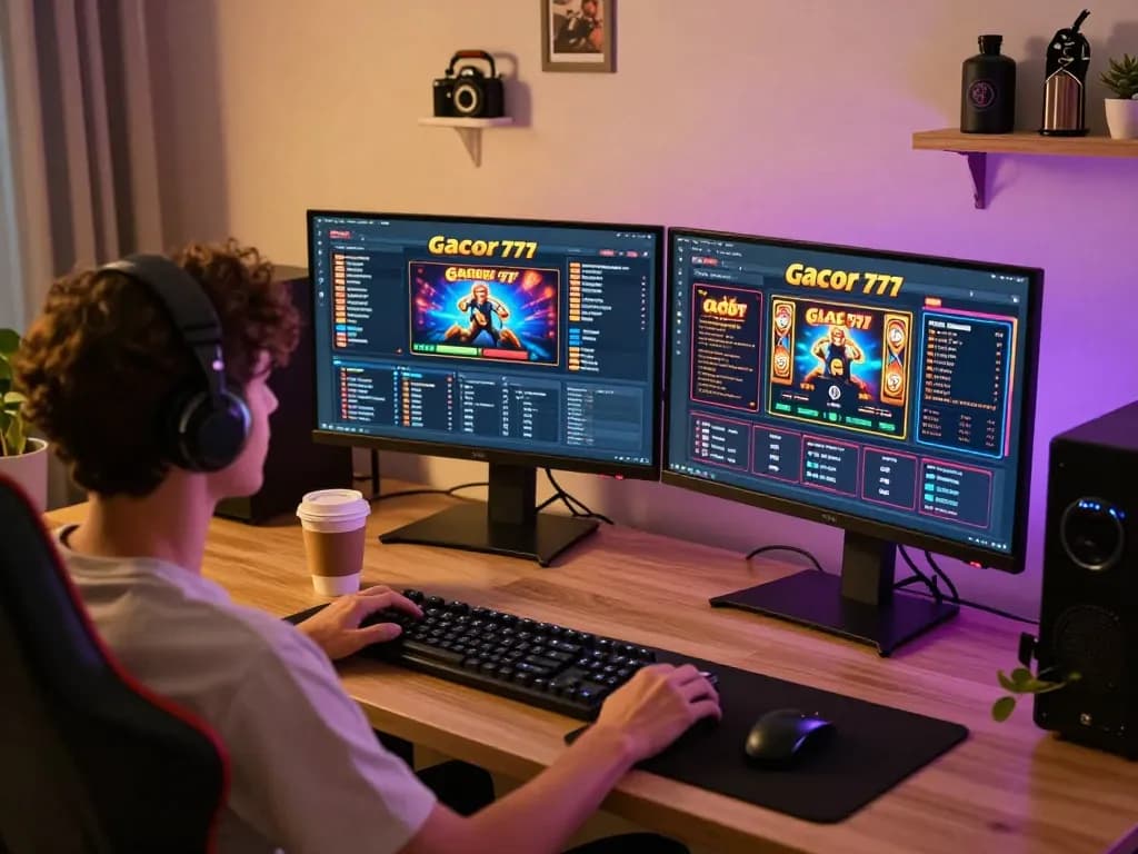 Player engaging with slot gacor 777 games on dual monitors in a cozy gaming setup.