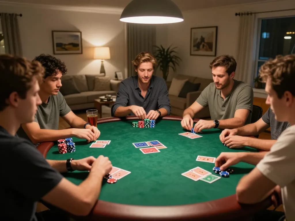 KJC players engaging in a lively home poker game with colorful chips and strategic card play.