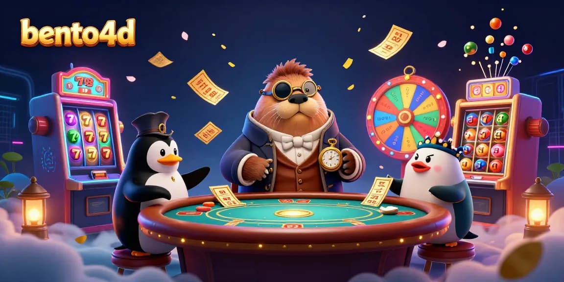 Bento4d menampilkan adegan poker bawah air yang unik dengan mesin slot berwarna-warni dan karakter yang mencolok.