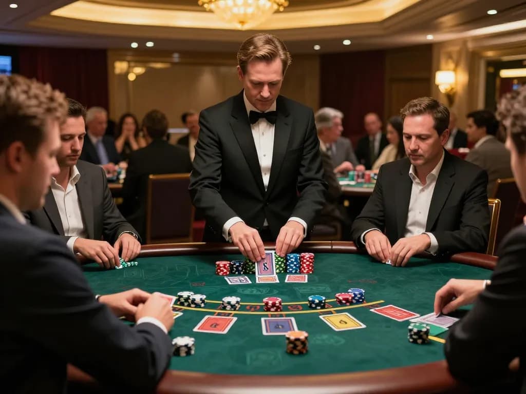 hm88 players enjoying strategic live blackjack gameplay with a professional dealer in an upscale casino.