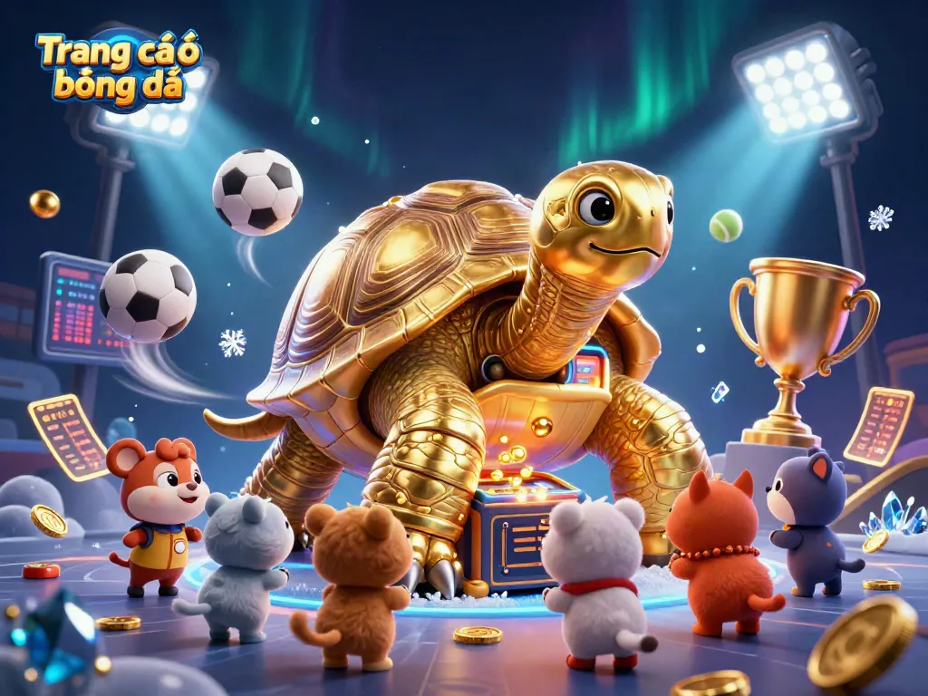 Engaging visual representing Trang cá độ bóng đá with vibrant sporting elements, golden tortoise, and casino theme.