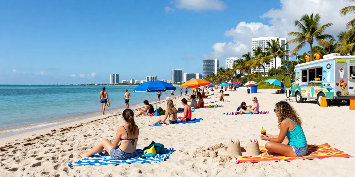 Pengunjung menikmati suasana pantai Miami di https://miami4d.com/ dengan aktivitas berjemur dan bermain voli.