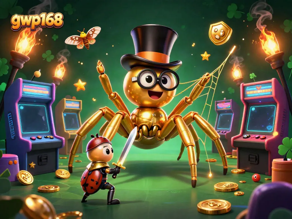 Menyenangkan taruhan di gwp168 dengan ilustrasi 3D yang menampilkan arachnid emas dan ksatria kecil yang siap bertarung.