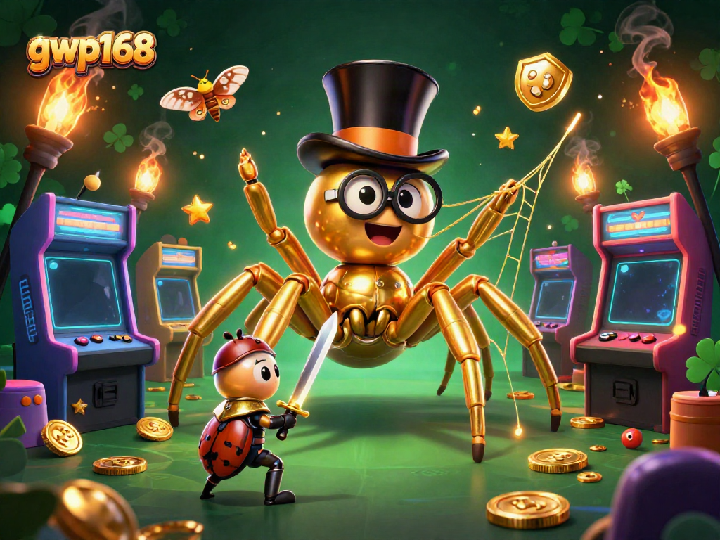 Menyenangkan taruhan di gwp168 dengan ilustrasi 3D yang menampilkan arachnid emas dan ksatria kecil yang siap bertarung.