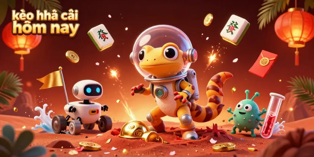 Engage in the excitement of kèo nhà cái hôm nay with a vibrant 3D illustration featuring a Martian gecko and gaming elements.