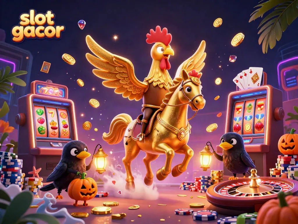 Experience slot gacor adventures with a golden rooster and friends amidst casino treasures.