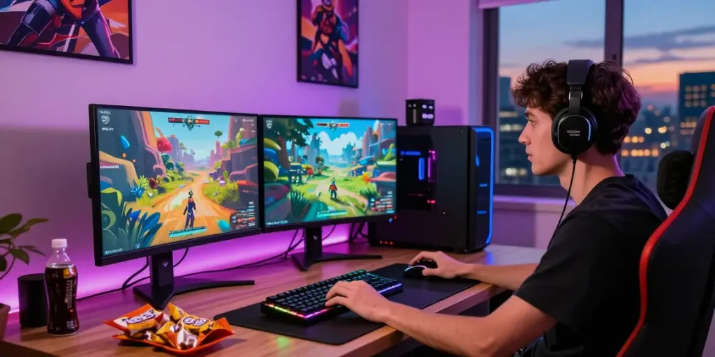 Ratutogel di lingkungan gaming modern dengan PC dan monitor, menggambarkan pengalaman bermain yang mendebarkan.