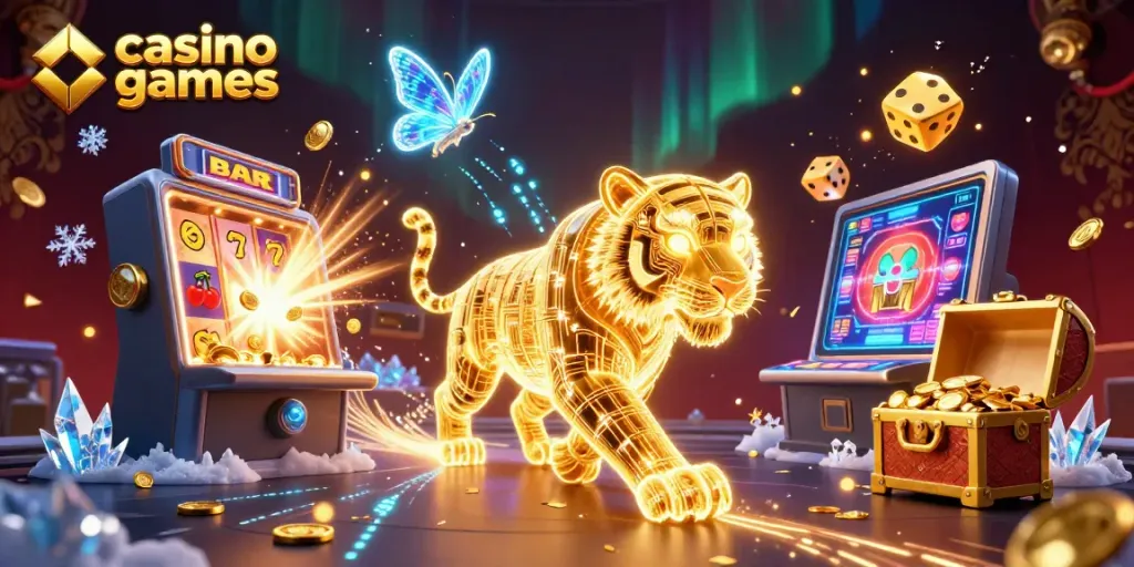 Engaging casino games illustration with a neon-wireframe golden tiger, slot machines, and dynamic elements