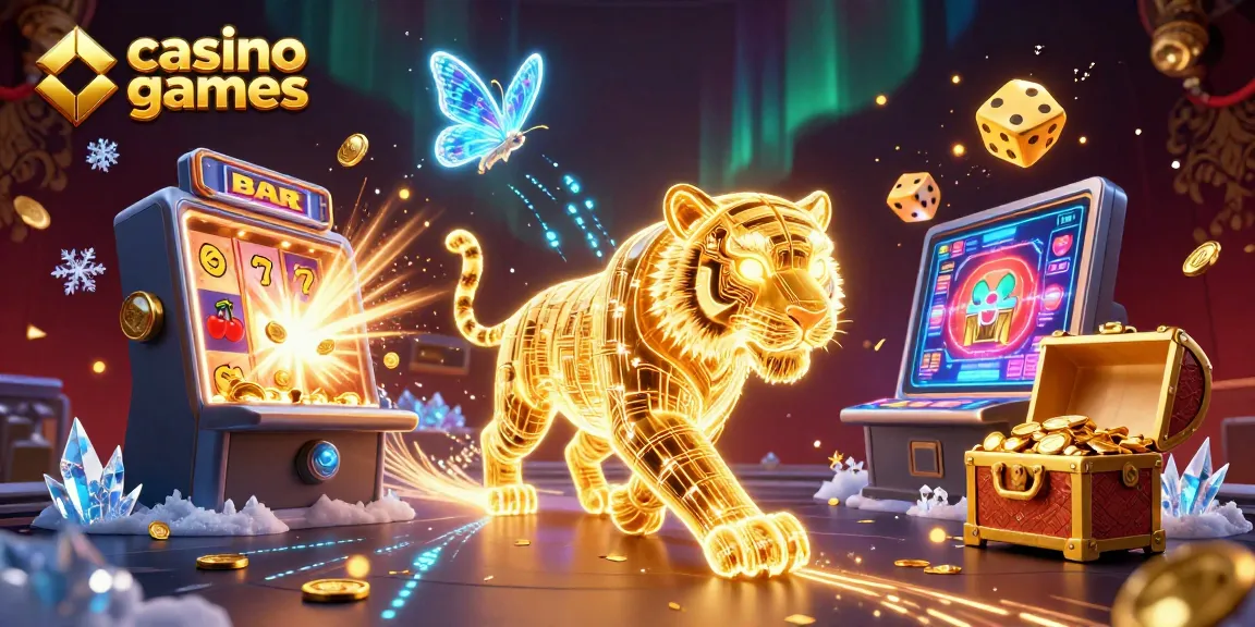 Engaging casino games illustration with a neon-wireframe golden tiger, slot machines, and dynamic elements