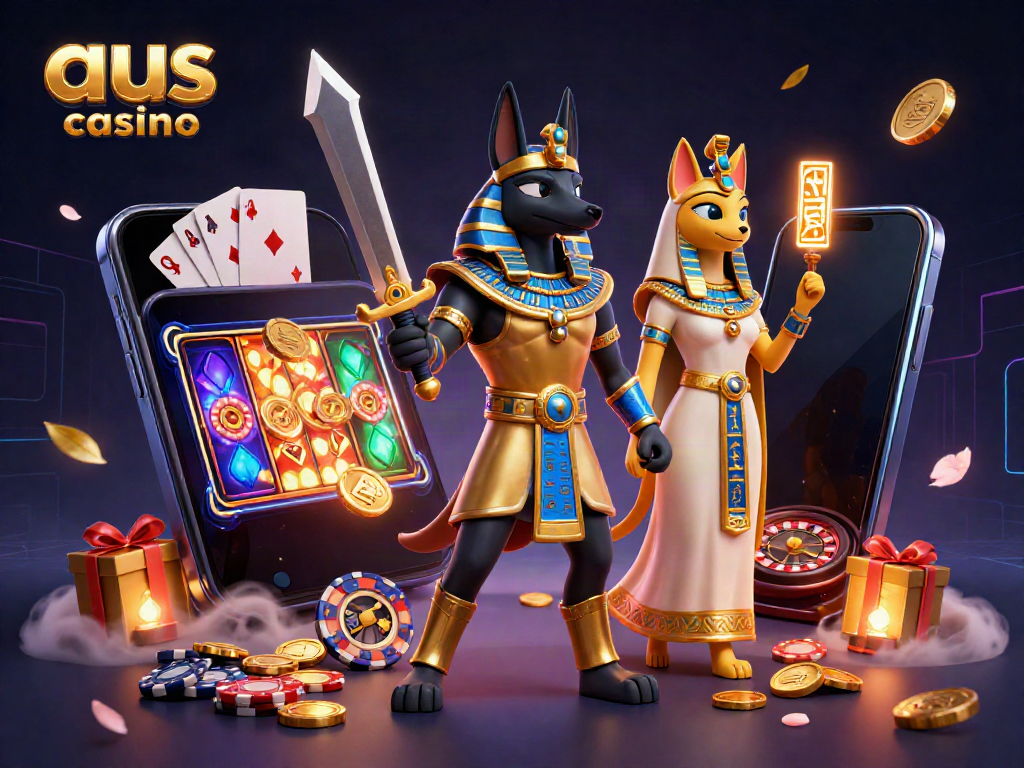 Experience the excitement of aus online casino with Anubis and Bastet amid vibrant gaming elements.