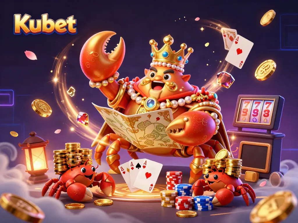 Kubet creates a vibrant casino scene with a golden crab emperor, dynamic gaming elements, and cascading wealth.