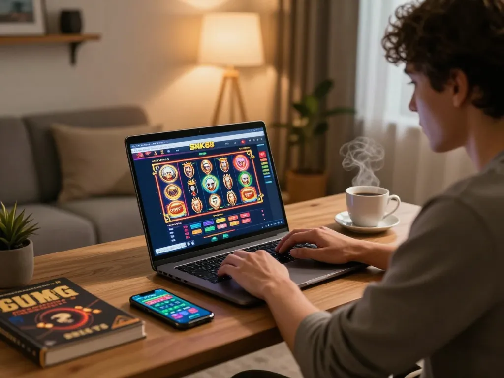 Engaging online player using snk88 app for immersive gambling experience at home.
