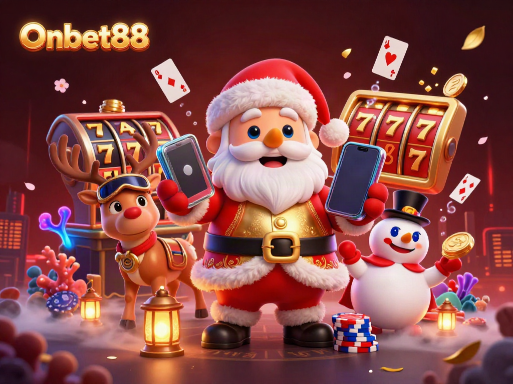 Experience thrilling jackpots at Onbet88 with Santa and friends in a vibrant casino scene.