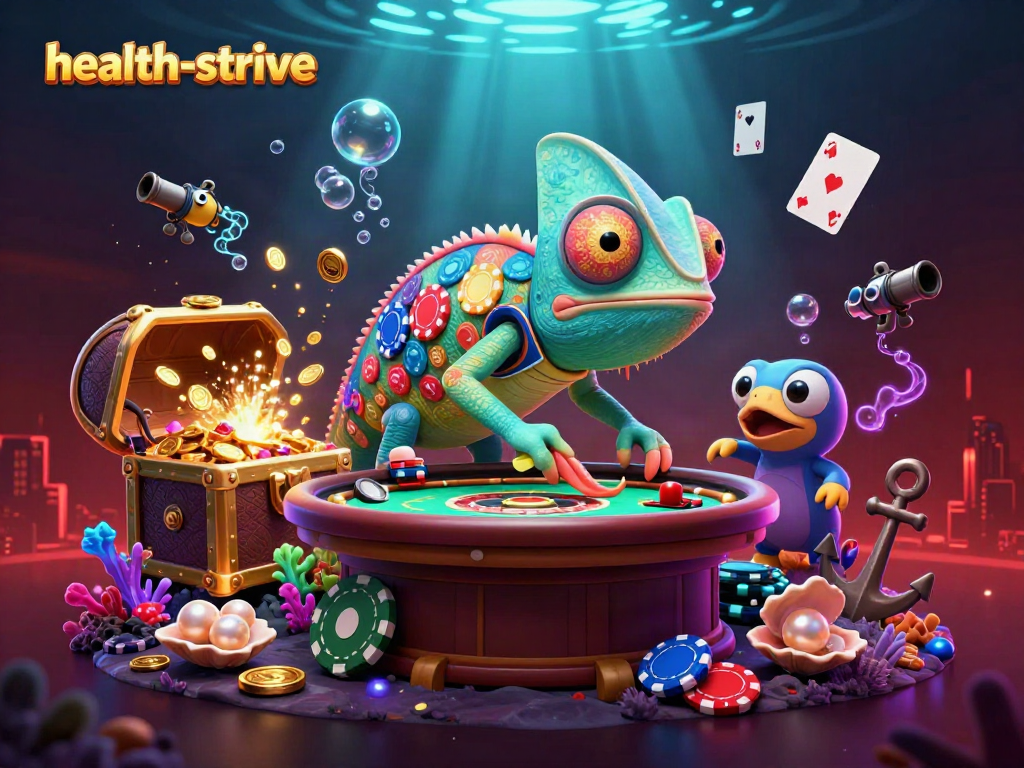 Kombinasi warna dan visual menarik pada permainan judi di health-strive dengan chameleon pemilik kasino yang unik.