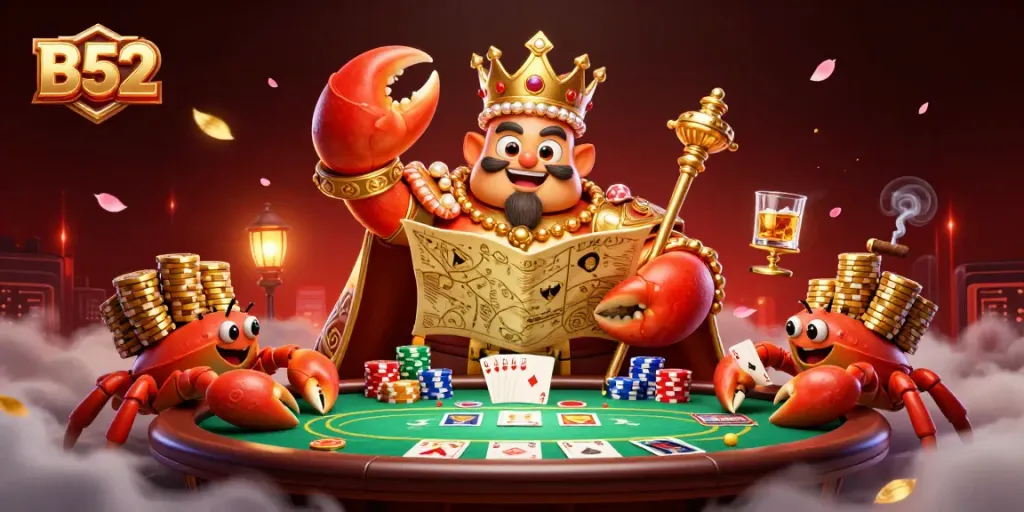 Experience the vibrant B52 casino scene with a golden crab, poker chips, and luxurious details.