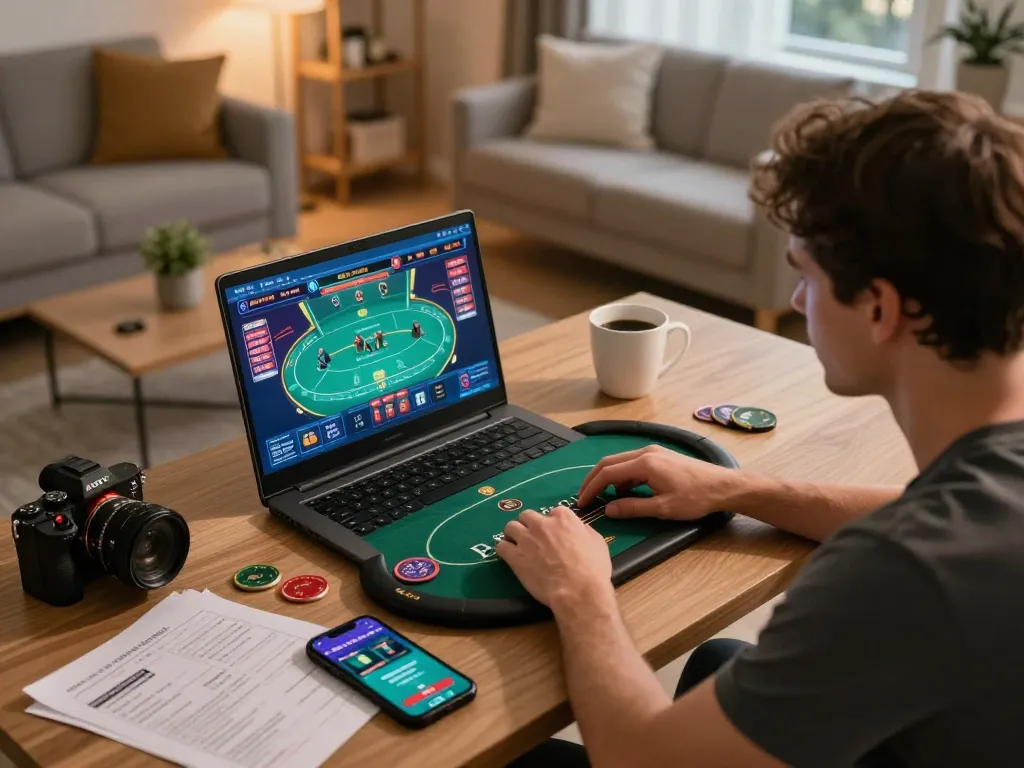 Engaged player enjoying kp88 online poker with strategy notes and warm lighting in a cozy home setting
