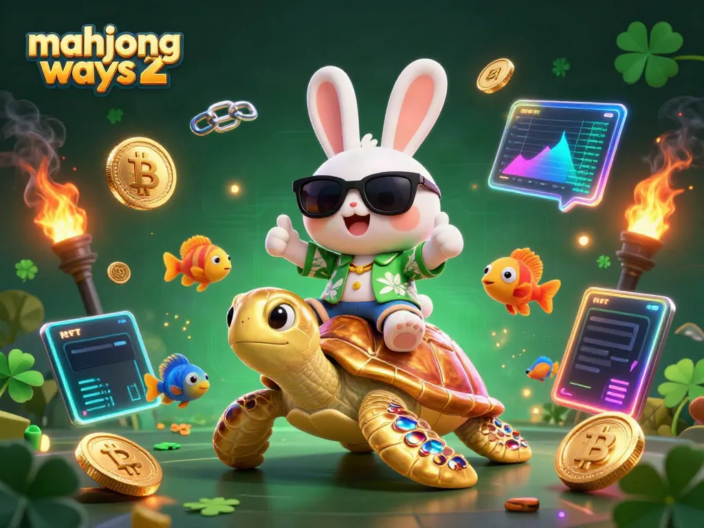 Play Mahjong Ways 2 with luck as a cartoon rabbit rides a treasure-filled turtle in this vibrant casino scene.